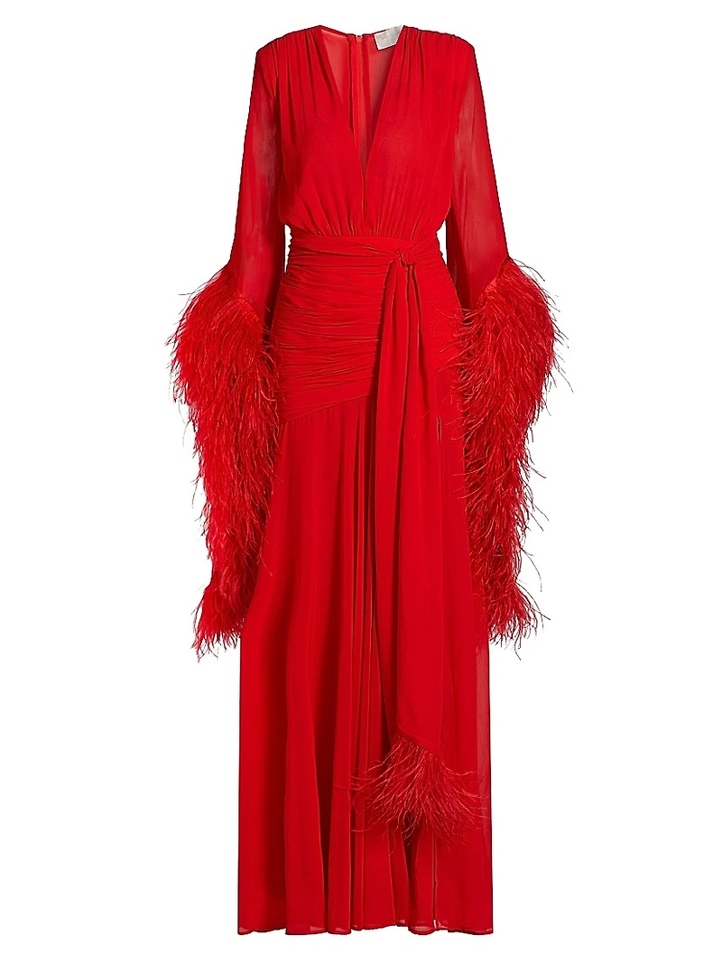 Geisha Plunge Feather-Cuff Gown