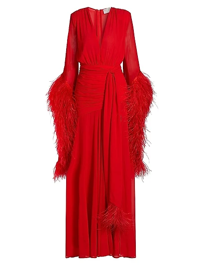 Geisha Plunge Feather-Cuff Gown