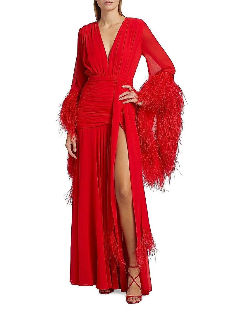 Geisha Plunge Feather-Cuff Gown