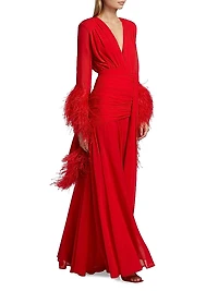 Geisha Plunge Feather-Cuff Gown