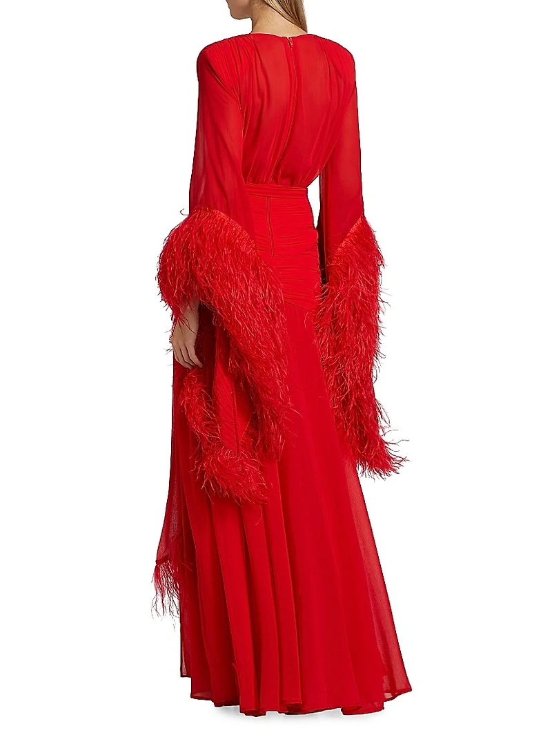 Geisha Plunge Feather-Cuff Gown