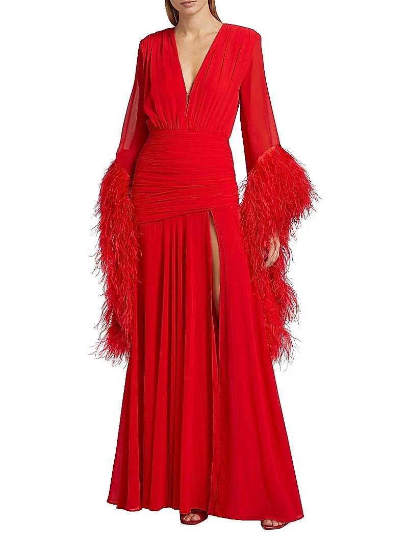 Geisha Plunge Feather-Cuff Gown