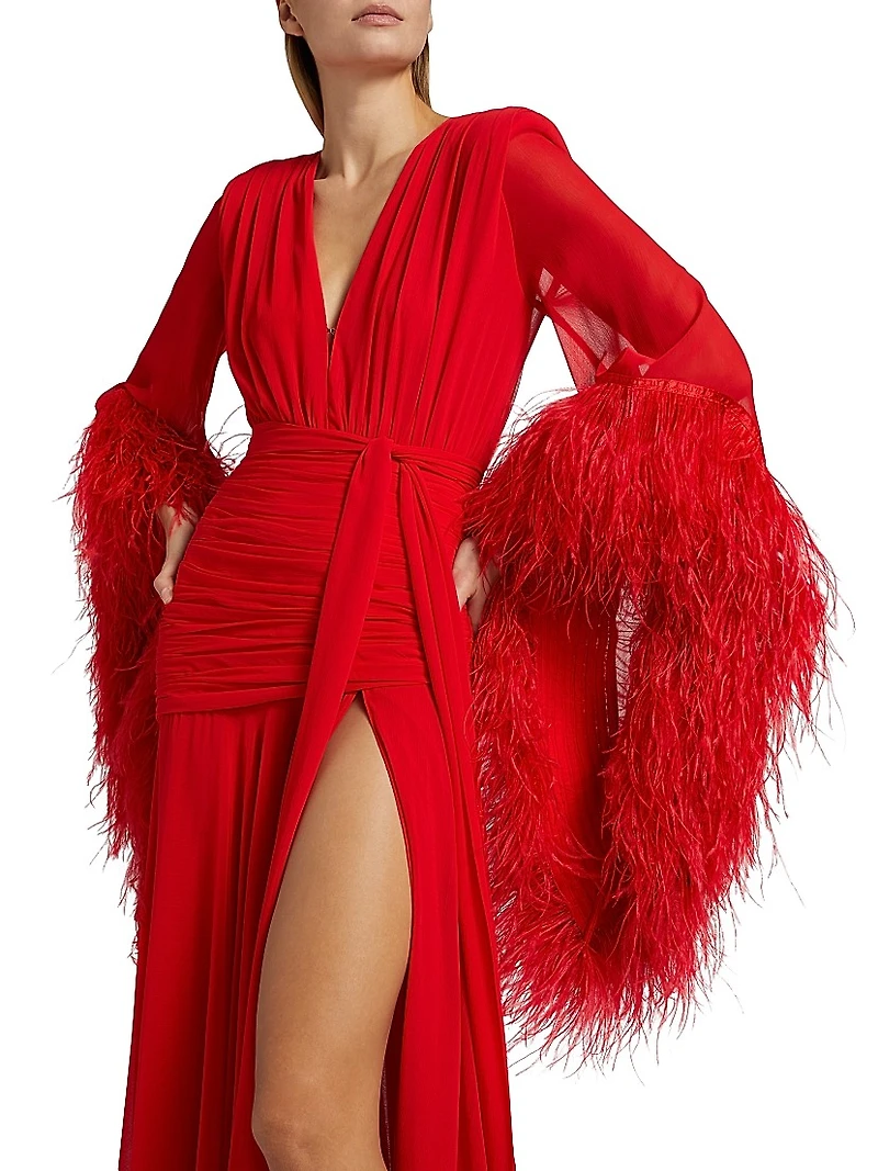 Geisha Plunge Feather-Cuff Gown