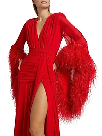 Geisha Plunge Feather-Cuff Gown
