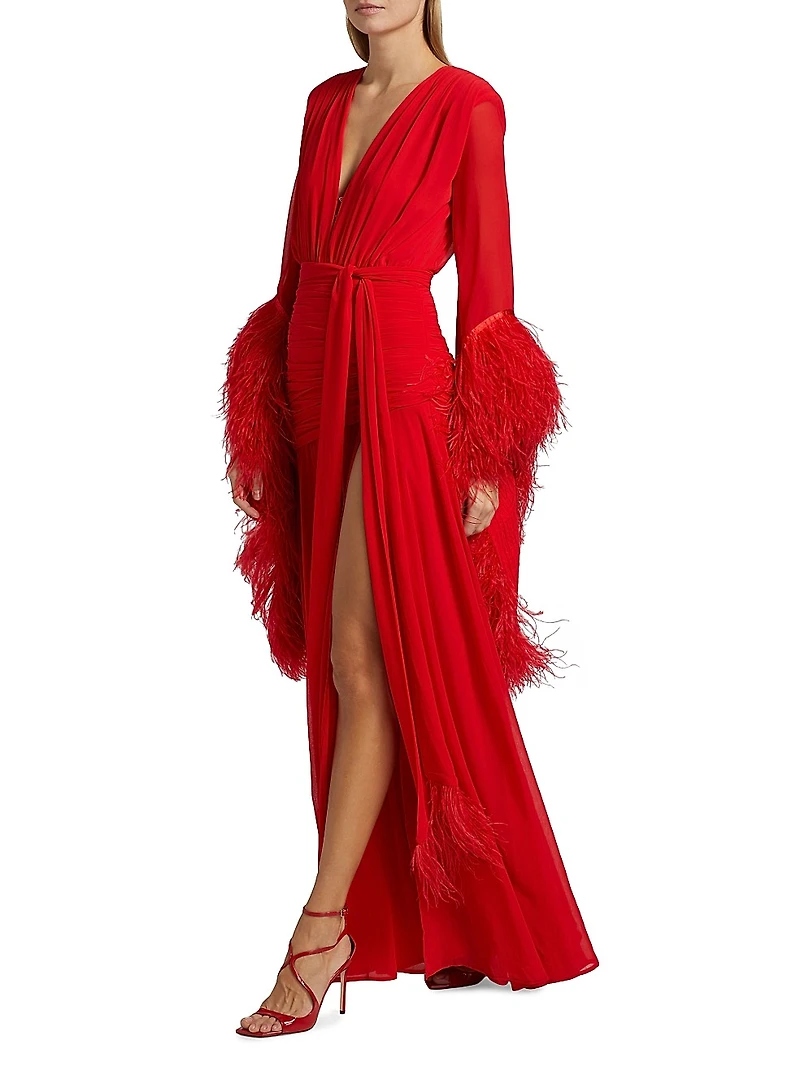 Geisha Plunge Feather-Cuff Gown
