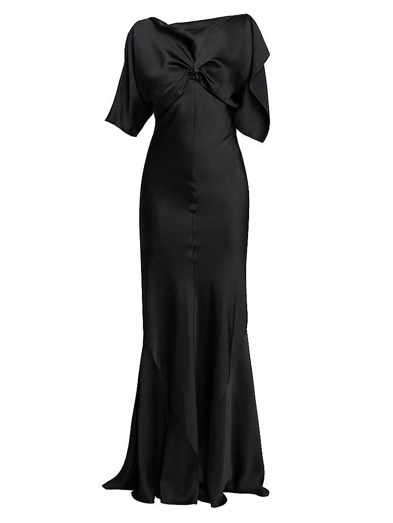 Gathered Satin Cap-Sleeve Gown