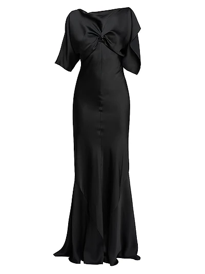 Gathered Satin Cap-Sleeve Gown