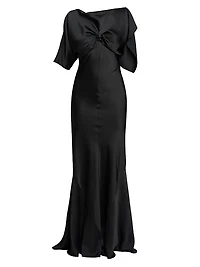 Gathered Satin Cap-Sleeve Gown