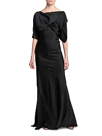 Gathered Satin Cap-Sleeve Gown