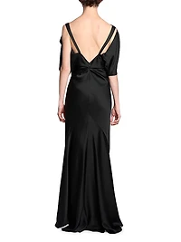 Gathered Satin Cap-Sleeve Gown