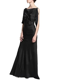 Gathered Satin Cap-Sleeve Gown