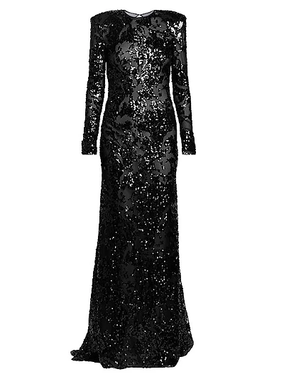 Sequined Tulle Backless Long-Sleeve Gown
