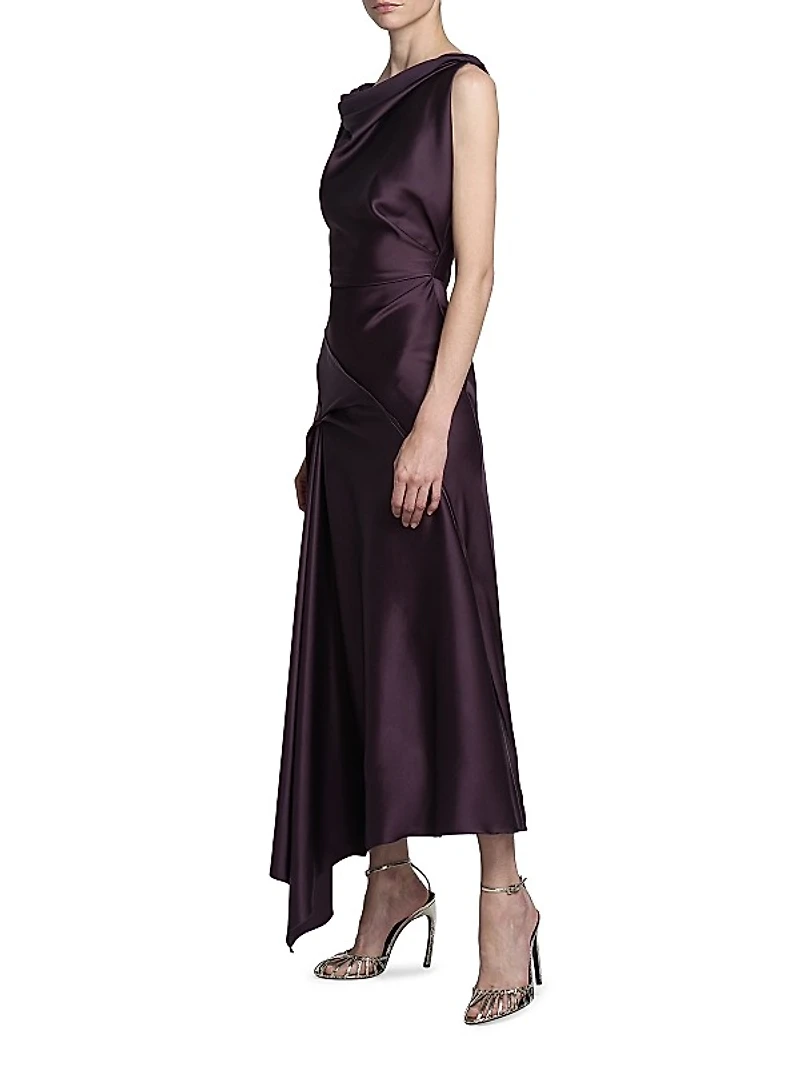 Gathered Satin Sleeveless Midi-Dress
