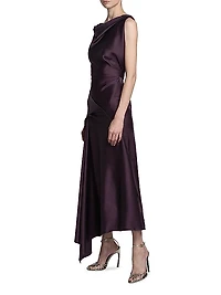 Gathered Satin Sleeveless Midi-Dress