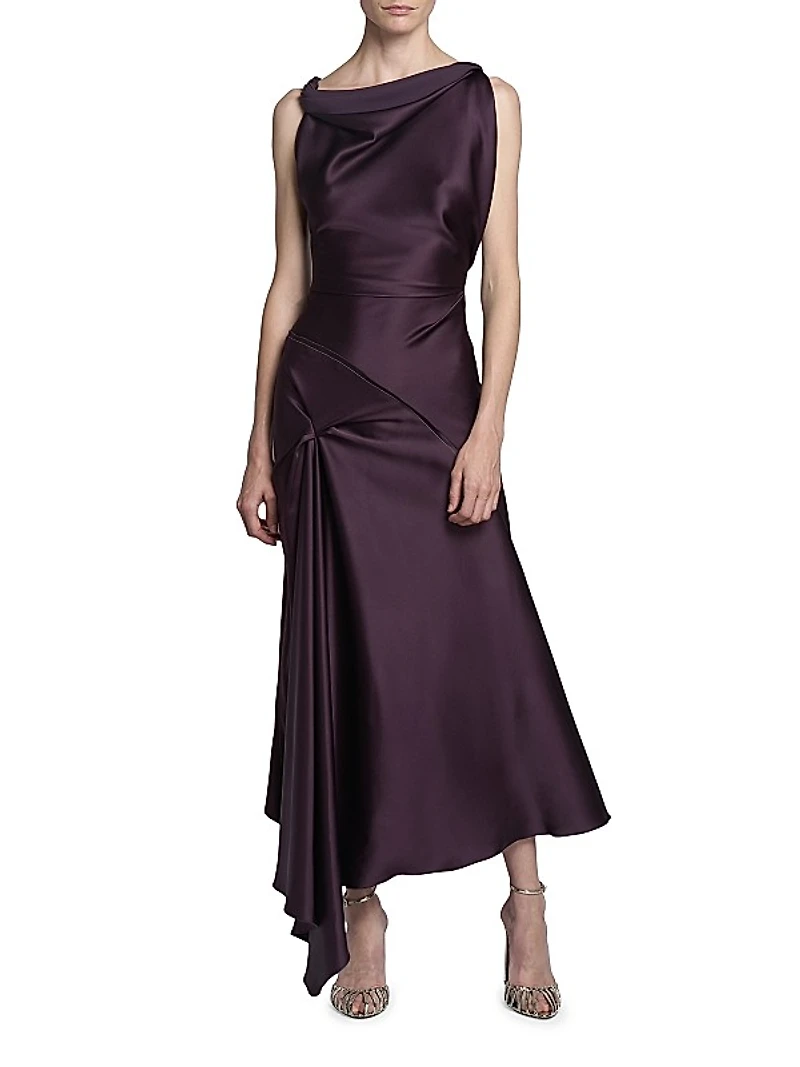 Gathered Satin Sleeveless Midi-Dress