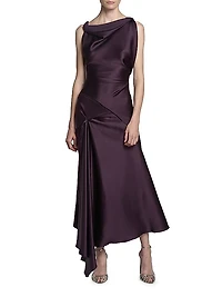 Gathered Satin Sleeveless Midi-Dress