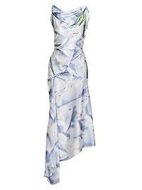 Asymmetric Printed Satin Draped Midi-Dress