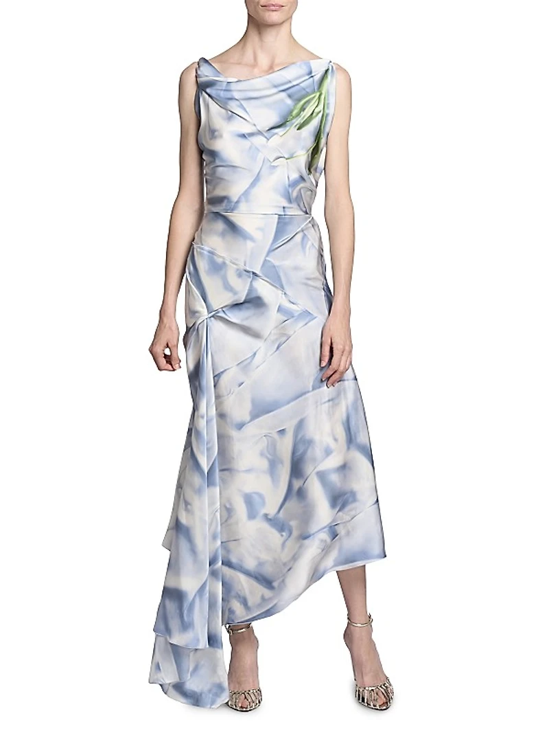 Asymmetric Printed Satin Draped Midi-Dress