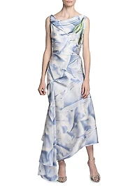 Asymmetric Printed Satin Draped Midi-Dress