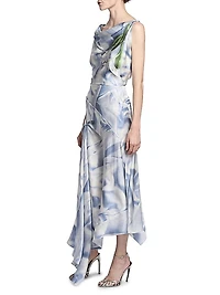 Asymmetric Printed Satin Draped Midi-Dress