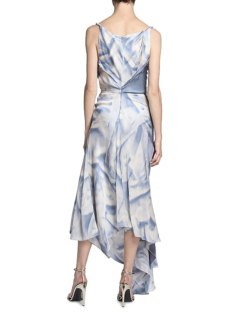 Asymmetric Printed Satin Draped Midi-Dress