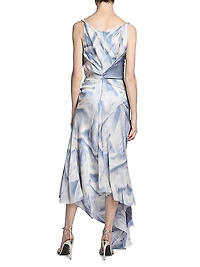 Asymmetric Printed Satin Draped Midi-Dress
