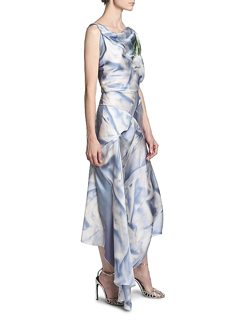 Asymmetric Printed Satin Draped Midi-Dress