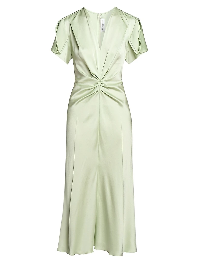 Gathered Satin Crêpe V-Neck Midi-Dress