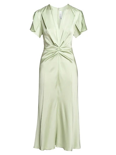 Gathered Satin Crêpe V-Neck Midi-Dress