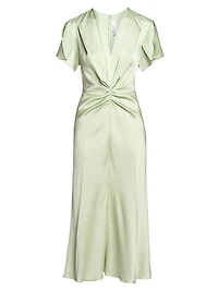 Gathered Satin Crêpe V-Neck Midi-Dress