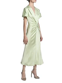 Gathered Satin Crêpe V-Neck Midi-Dress