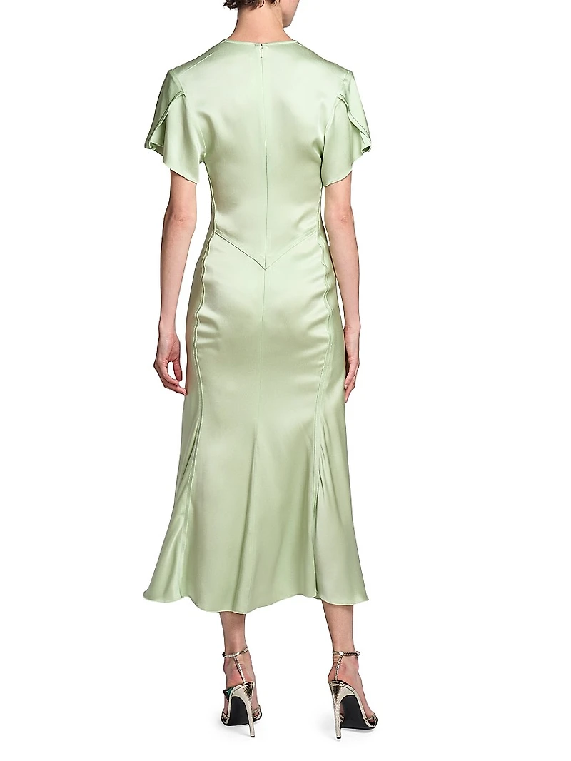 Gathered Satin Crêpe V-Neck Midi-Dress