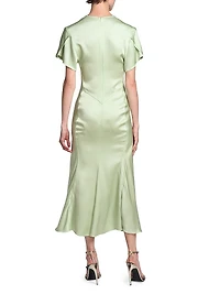 Gathered Satin Crêpe V-Neck Midi-Dress