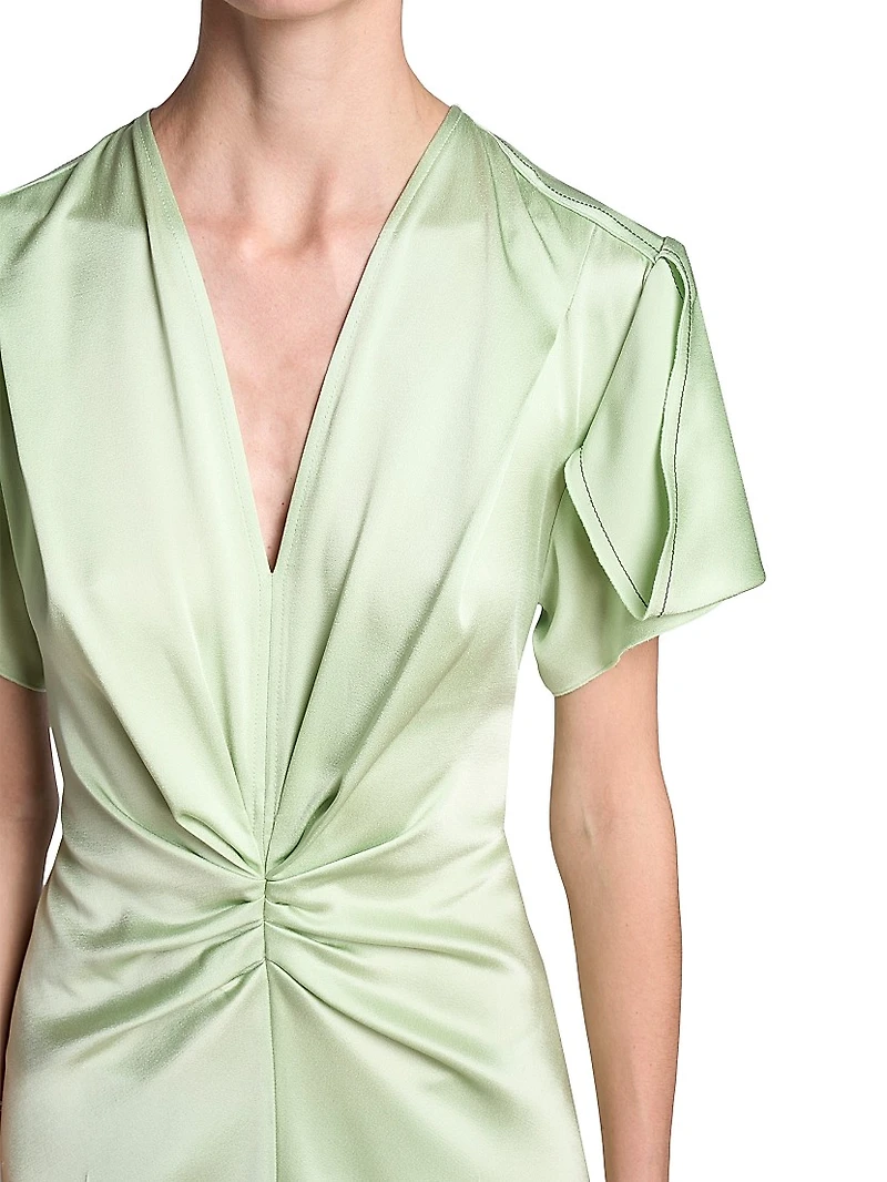 Gathered Satin Crêpe V-Neck Midi-Dress