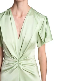 Gathered Satin Crêpe V-Neck Midi-Dress