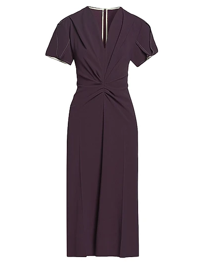 Gathered Crêpe V-Neck Midi-Dress