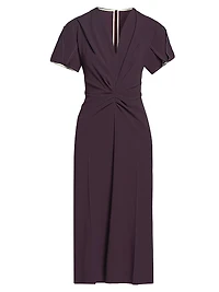 Gathered Crêpe V-Neck Midi-Dress