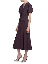 Gathered Crêpe V-Neck Midi-Dress