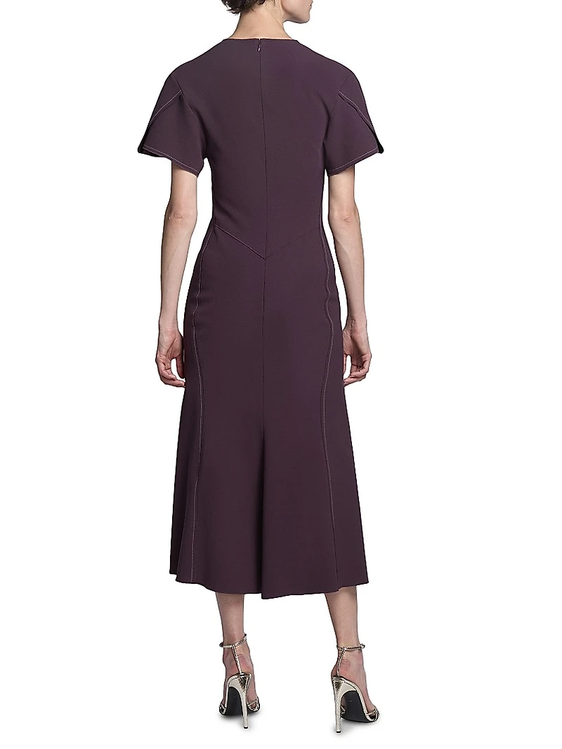 Gathered Crêpe V-Neck Midi-Dress