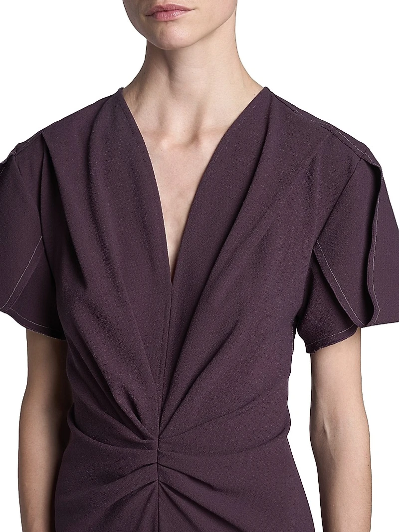 Gathered Crêpe V-Neck Midi-Dress