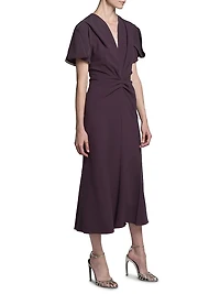Gathered Crêpe V-Neck Midi-Dress