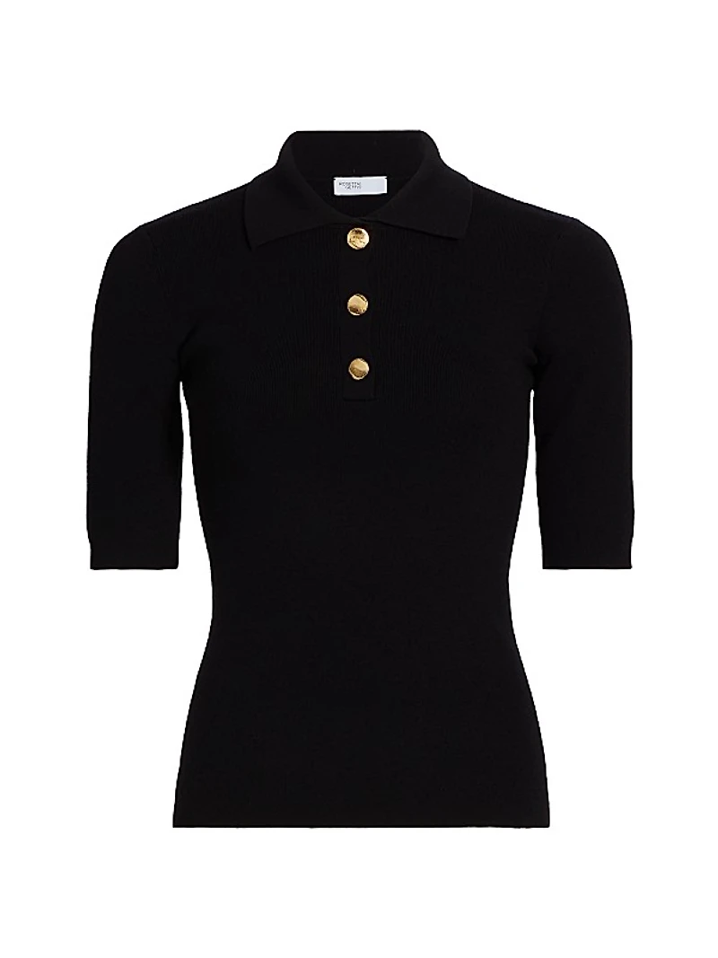 Ribbed Stretch Wool Polo Sweater