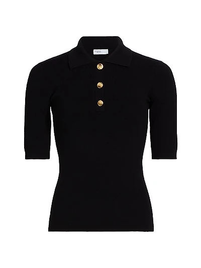 Ribbed Stretch Wool Polo Sweater