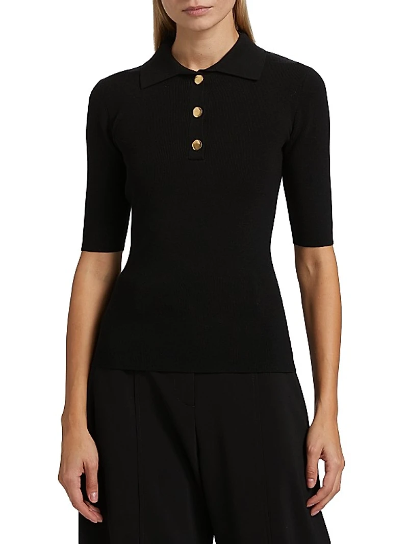Ribbed Stretch Wool Polo Sweater