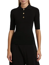 Ribbed Stretch Wool Polo Sweater