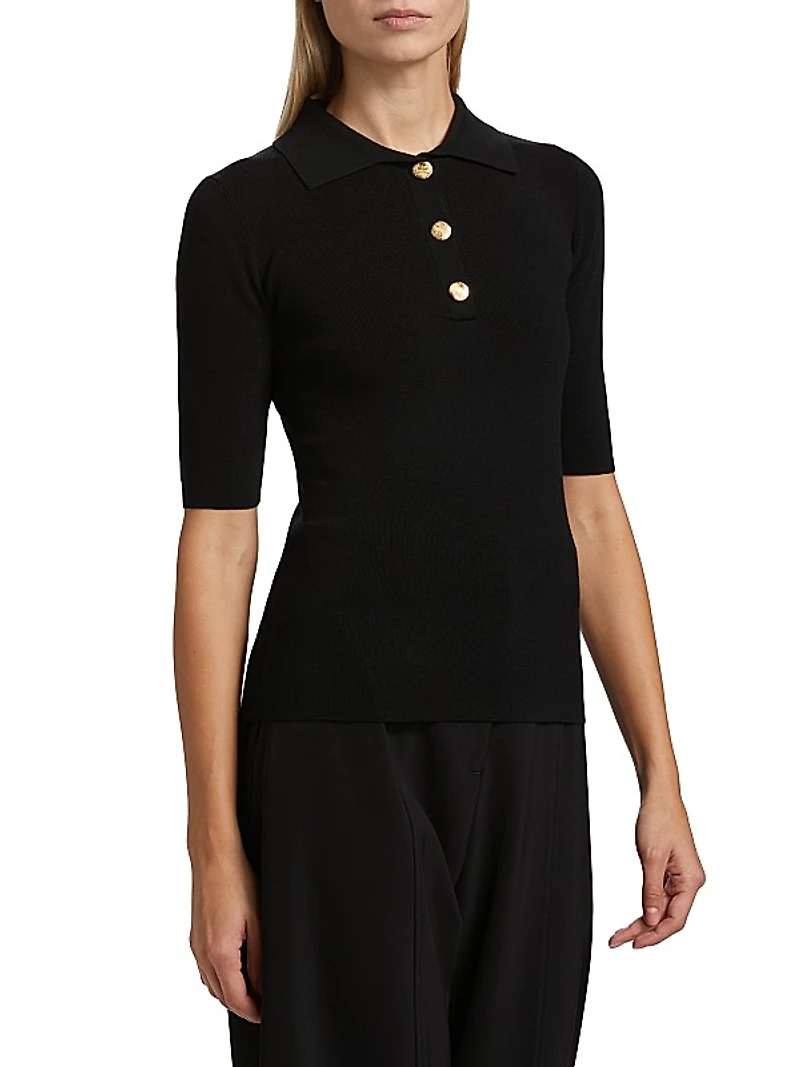 Ribbed Stretch Wool Polo Sweater