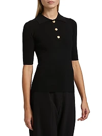 Ribbed Stretch Wool Polo Sweater