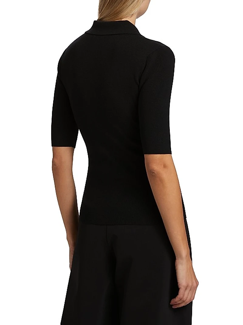 Ribbed Stretch Wool Polo Sweater