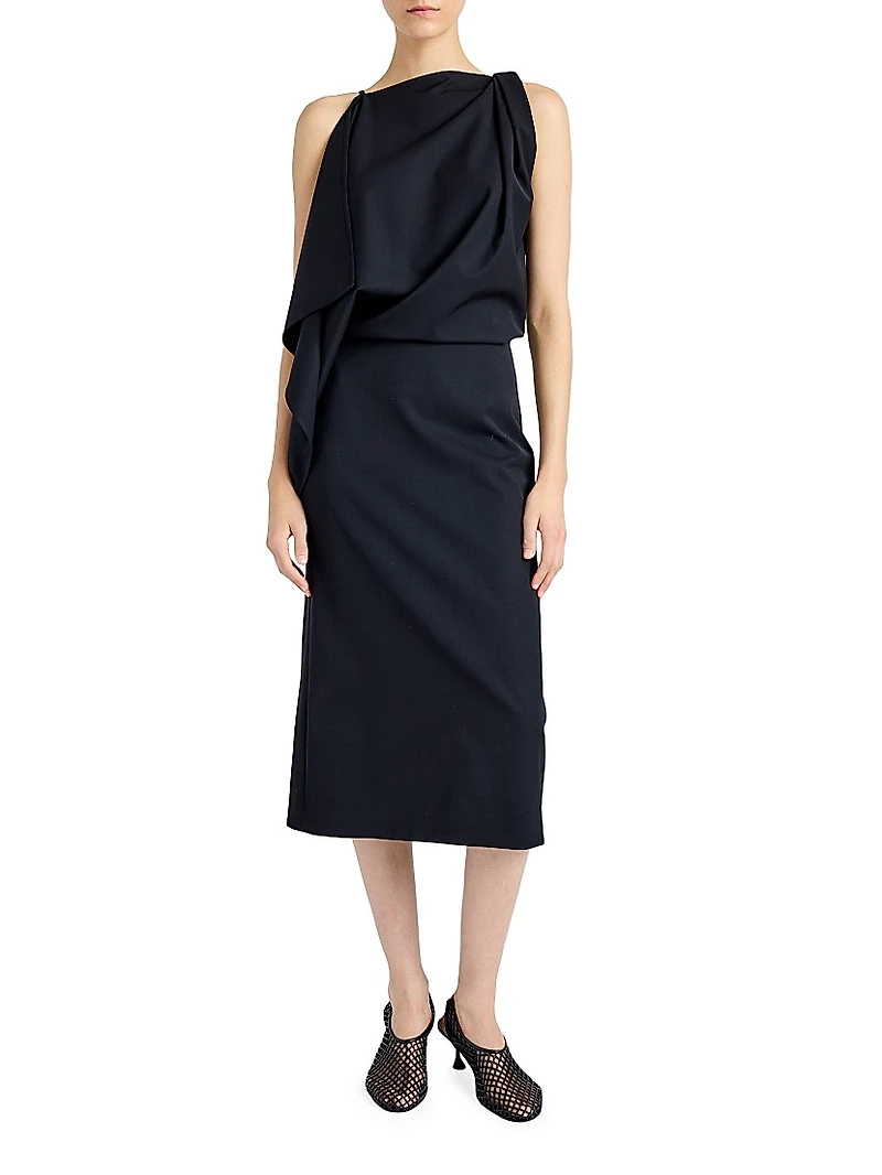 Elena Wool Gabardine Draped Midi-Dress