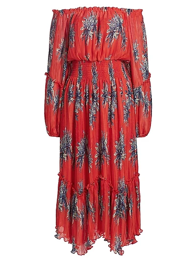 Alyce Plissé Floral Off-the-Shoulder Dress